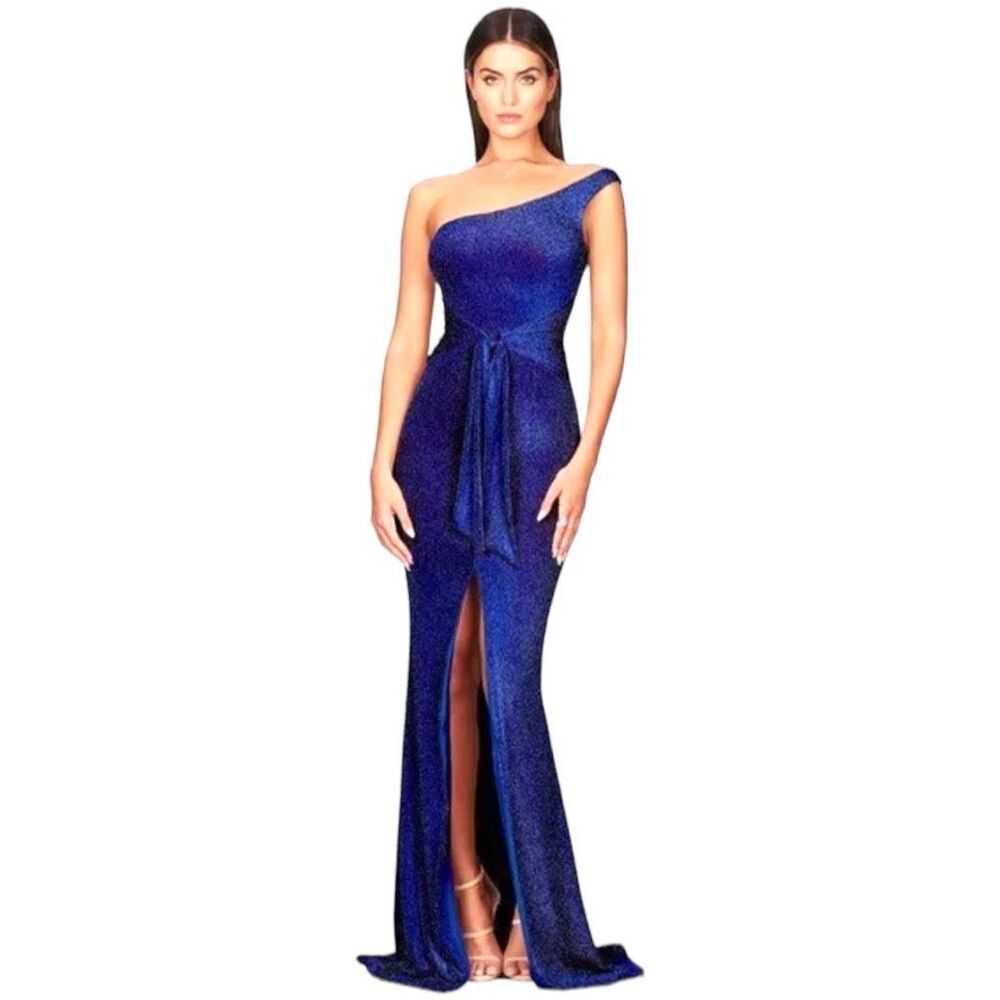 New! Nookie Women's Luna Glitter Asymmetric One-Shoulder Gown Royal Blue XS NWT